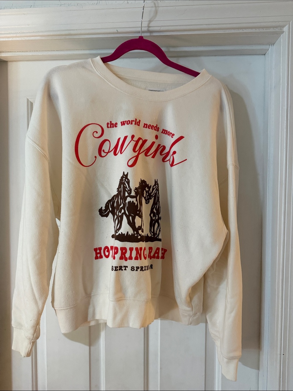 Grayson Threads Cream Crewneck Sweatshirt with Pink Hanger Accent